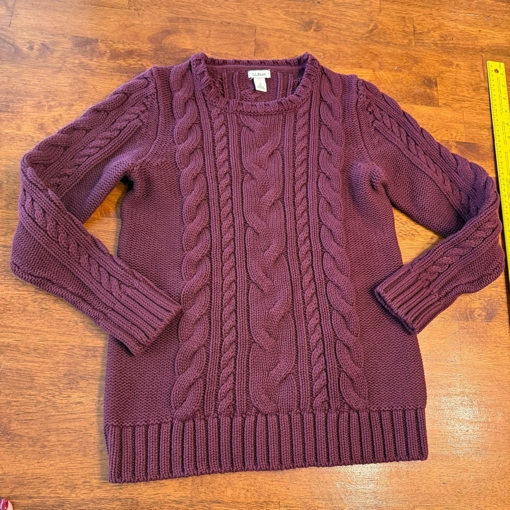 L.L. Bean burgundy plum Cable Knit fisherman Sweater size small 100% cotton